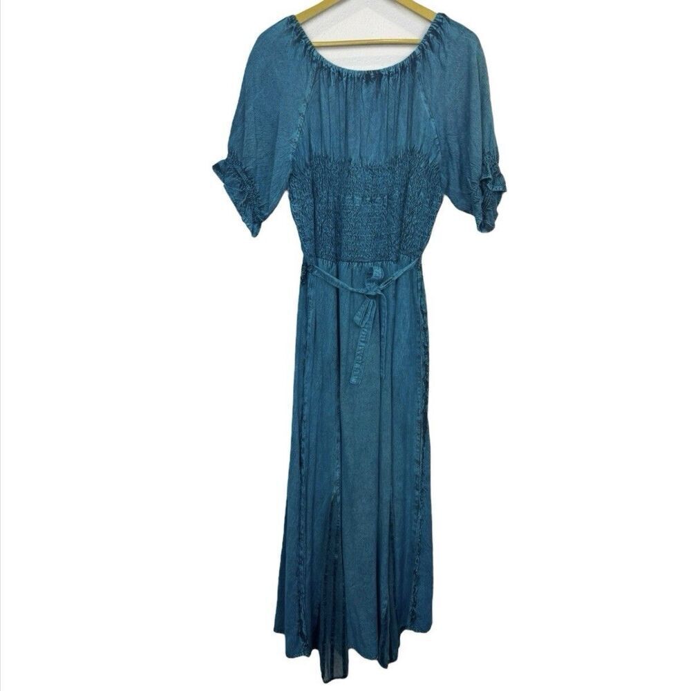 Pyramid Collection Embroidered Renaissance Maxi Dress Size L Blue Bust Tie Goth - Picture 2 of 11
